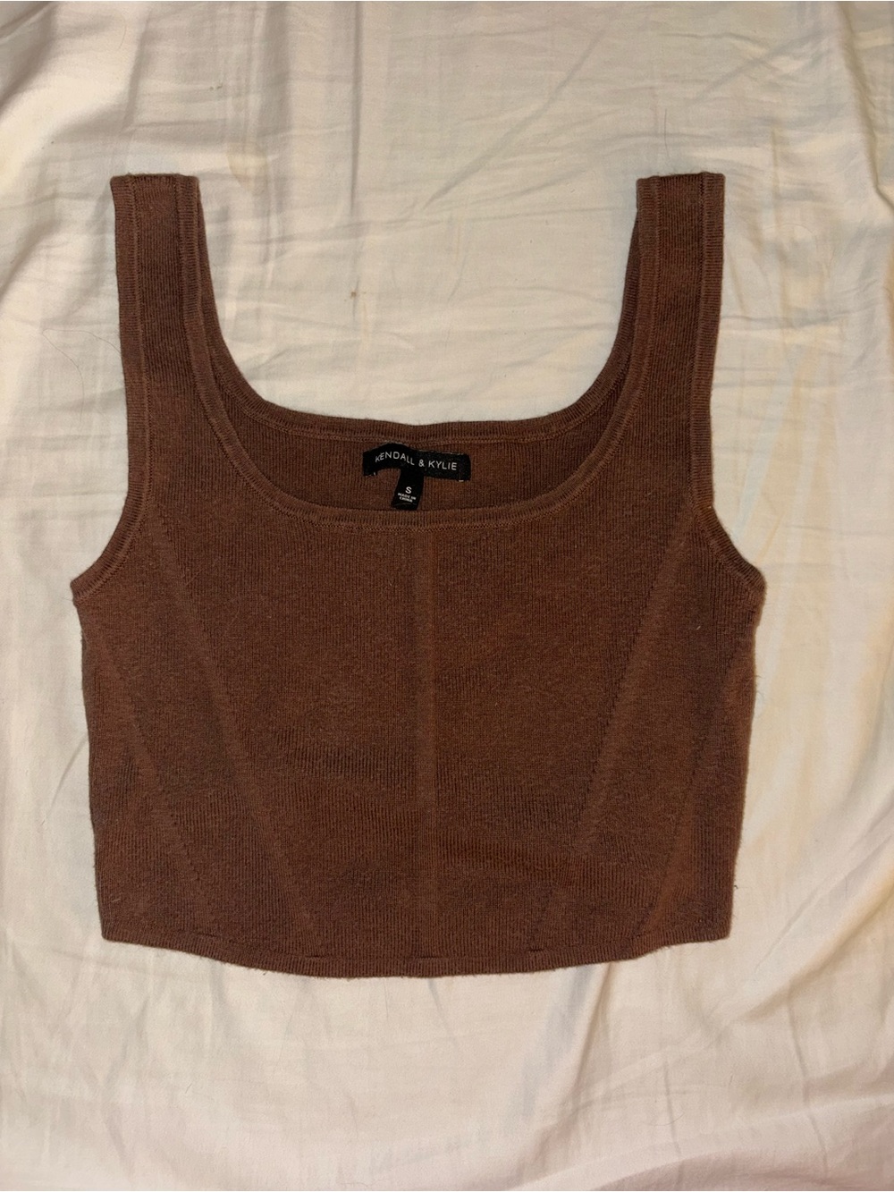 Kendall & Kylie Brown Knit Ribbed Cropped Tank Top